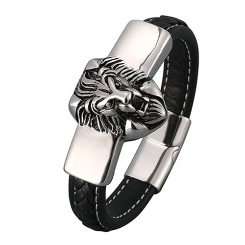 Bishilin Armbänder für Herren Leder mit Magnetverschluss, Lederarmband Personalisiert 12MM Tier Löwe Charms Armband Männer Schwarz 16.5CM von Bishilin