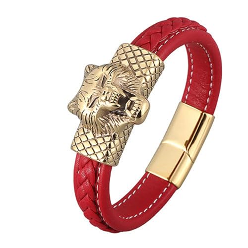 Bishilin Armbänder für Herren Leder mit Magnetverschluss, Lederarmband Personalisiert 12MM Wolf Charms Armband Männer Rot 16.5CM von Bishilin
