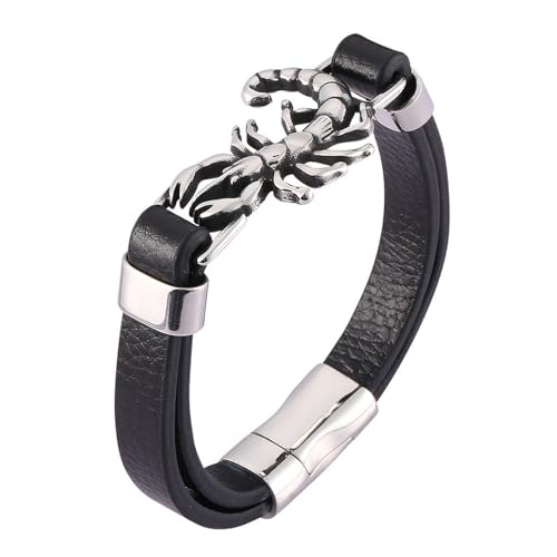 Bishilin Armbänder für Herren Leder mit Magnetverschluss, Lederarmband Personalisiert 12MM mit Skorpion Charms Armband Männer Schwarz 16.5CM von Bishilin