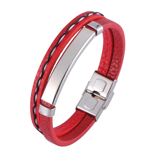 Bishilin Armbänder für Herren Leder mit Sicherheitsverschluss, Lederarmband Personalisiert 12MM 2-Layer mit Schild Charms Armband Männer Rot 20.5CM von Bishilin