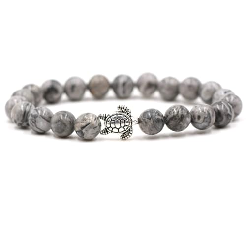 Bishilin Armbänder für Männer, Perlen Armband Herren 8MM Grau Achat mit Schildkröte Chakra Armbänder Personalisiert Charms 19CM von Bishilin