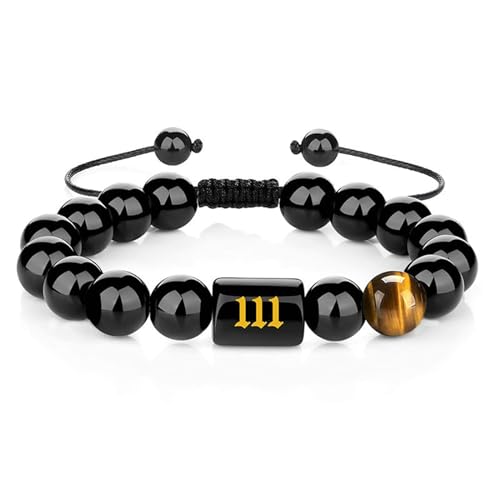Bishilin Armbänder für Männer Verstellbar, Perlen Armband Herren 10MM Obsidian mit Zahl 111 Chakra Armbänder Personalisiert Charms von Bishilin