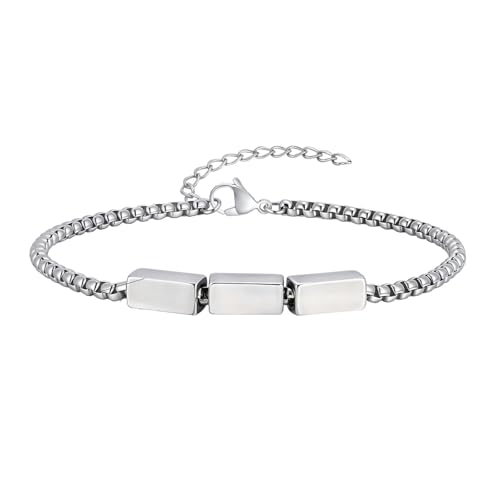 Bishilin Armband Edelstahl Herren, Armbänder Männer 26CM mit Zylinder Erbskette 5MM Partnerarmband Personalisiert Charm Armband Modern Silber von Bishilin