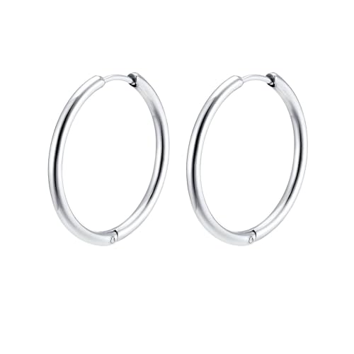 Bishilin Creolen Ohrringe Edelstahl, Creolen Damen 2.5MM Dick Hoop 30MM Ohrringe Nickelfrei für Mädchen Silber von Bishilin