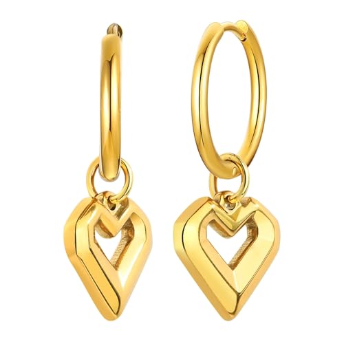 Bishilin Creolen Ohrringe Edelstahl Vergoldet, Damen Creolen mit Anhänger Herz Ohrringe Nickelfrei für Mädchen Gold von Bishilin