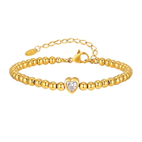 Bishilin Damen Armbänder Edelstahl, Frauen Armband Herz mit Zirkonia Perlenarmband Armbänder Charm Armband Personalisiert 22CM Gold Bishilin Damen Armbänder Edelstahl, Frauen Armband Herz mit Zirkonia Perlenarmband Armbänder Charm Armband Personalisiert 22CM Gold von Bishilin
