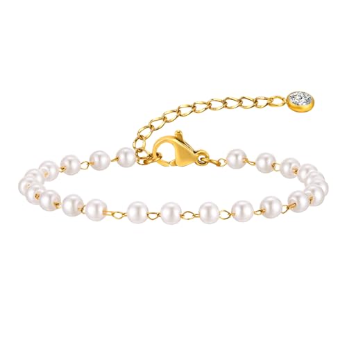 Bishilin Damen Armband Edelstahl, Charm Armbänder Urlaub mit Perlen und Zirkonia Partnerarmband Personalisiert Armband Frauen 21 CM Gold Bishilin Damen Armband Edelstahl, Charm Armbänder Urlaub mit Perlen und Zirkonia Partnerarmband Personalisiert Armband Frauen 21 CM Gold von Bishilin