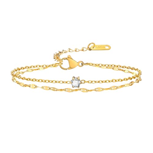 Bishilin Damen Armband Verstellbar 21CM, Armbänder Frauen Edelstahl Doppellagig mit Zirkonia Betterarmband Charm Armband Personalisiert Gold von Bishilin