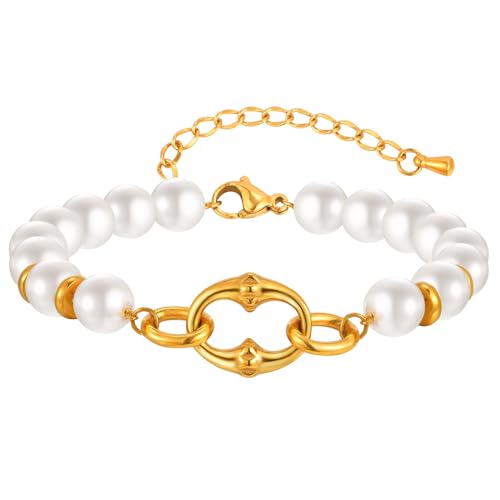 Bishilin Damen Armband Verstellbar 22.5CM, Armbänder Frauen Edelstahl mit Perlen Betterarmband Charm Armband Personalisiert Gold Bishilin Damen Armband Verstellbar 22.5CM, Armbänder Frauen Edelstahl mit Perlen Betterarmband Charm Armband Personalisiert Gold von Bishilin