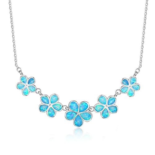 Bishilin Damen Halskette Silber 925 Personalisiert, Kette Anhänger Blumen mit Blau Opal Halskette Charm für Frauen von Bishilin