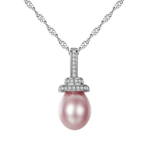 Bishilin Damen Kette Gold 375 Echtgold, Halskette mit Anhänger Lila Perle und Diamant Hochzeit Kette Gold 45CM für Frauen Braut von Bishilin