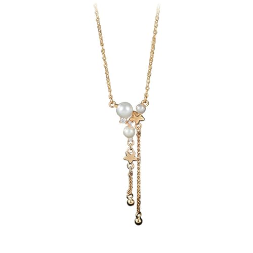 Bishilin Damen Kette Rotgold 750 Echtgold, Halskette Anhänger Sterne Quaste mit Perle und Diamant Hochzeit Kette Rosegold 45CM für Frauen Braut von Bishilin