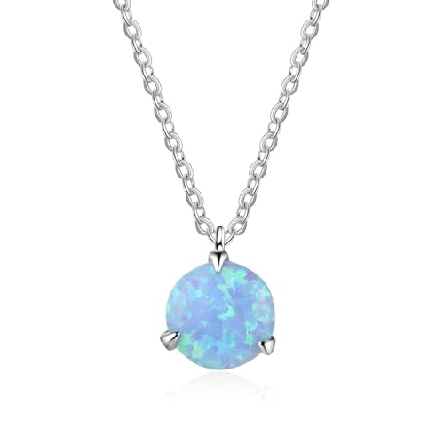 Bishilin Damen Kette Silber 925, Halskette Charms Anhänger Solitär mit Blau Opal Kette Personalisiert 45CM von Bishilin