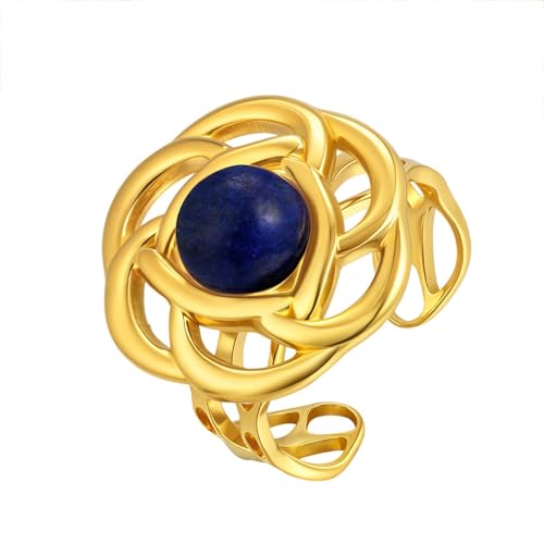 Bishilin Damen Ring Edelstahl Vergoldet, Hochzeit Ringe Blume mit Lapislazuli Offen Frauen Ring Personalisiert Nickelfrei Gold Verstellbar von Bishilin