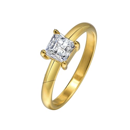 Bishilin Damen Ring Edelstahl Vergoldet, Hochzeit Ringe Solitär mit Quadrat Zirkonia Frauen Ring Personalisiert Nickelfrei Gold Gr.57 (18.1) von Bishilin