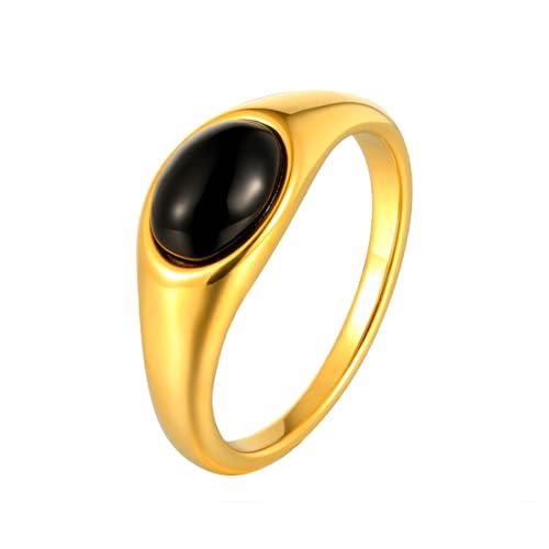 Bishilin Damen Ring Edelstahl Vergoldet, Hochzeit Ringe Solitär mit Schwarz Achat Frauen Ring Personalisiert Nickelfrei Gold Gr.52 (16.6) von Bishilin