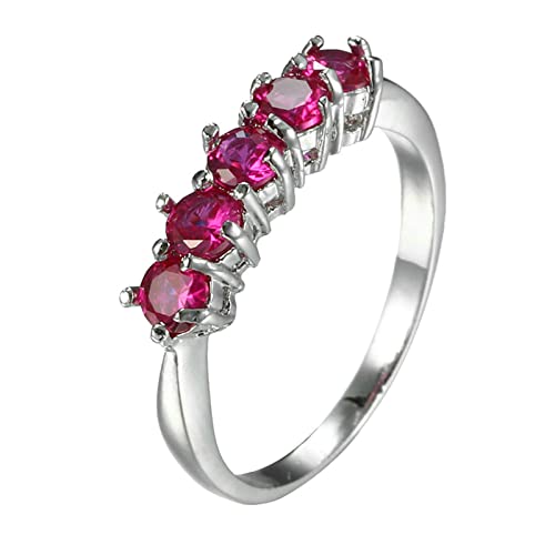 Bishilin Damen Ring Versilbert mit Stein, Ring Hochzeit mit 5 Steine Rot Zirkonia Ringe Personalisiert Silber Modeschmuck Ringgröße 62 (19.7) von Bishilin