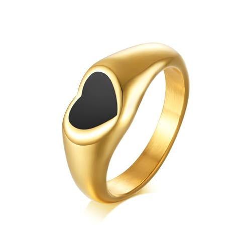 Bishilin Damen Ringe Edelstahl, Ring Personalisiert Herz mit Schwarz Emaille Ring Gr.52 (16.6), Freundschaftsringe Frauen Ring Nickelfrei Gold von Bishilin