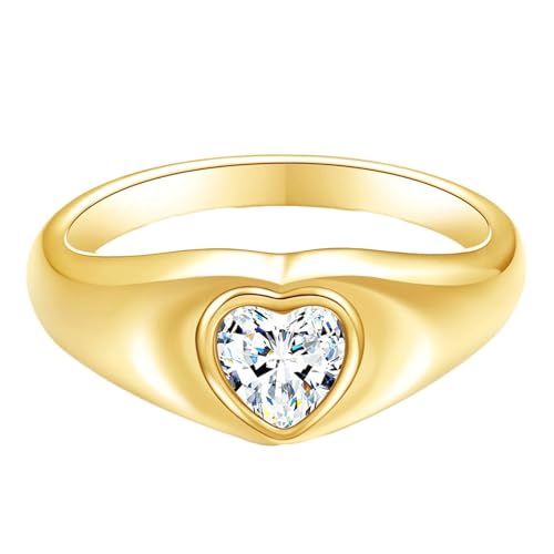 Bishilin Damen Ringe Edelstahl, Ring Personalisiert Herz mit Zirkonia Siegelring Gold Ring Frauen Nickelfrei Freundschaftsringe Gr.62 (19.7) von Bishilin