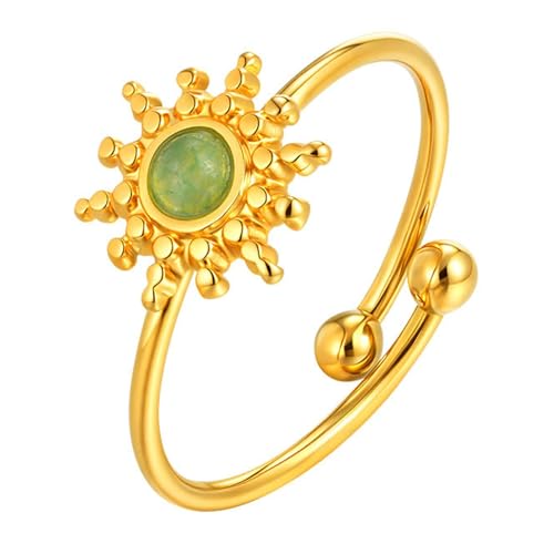 Bishilin Damen Ringe Edelstahl Vergoldet, Gold Ring Personalisiert Sonnenblume mit Katzenaugenstein Offen Trauringe Hochzeit Ringe Frauen Verstellbar von Bishilin