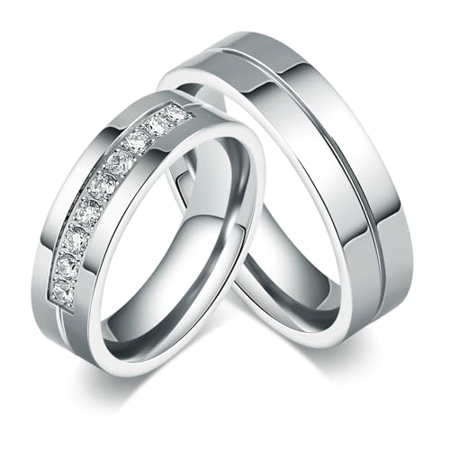 Bishilin Partnerringe für Sie und Ihn, Edelstahl Ringe Set 6MM Hochglanzpoliert mit Zirkonia Hochzeit Ringe Paar Personalisiert Damen Gr.49 (15.6) & Herren Gr.57 (18.1) von Bishilin