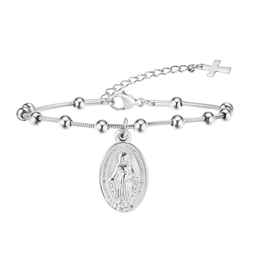 Bishilin Edelstahl Armband Damen, Armbänder Frauen 21CM mit Anhänger Jungfrau Kreuz Partnerarmband Personalisiert Charm Armband 21CM Silber von Bishilin