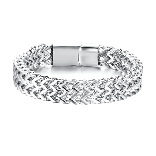 Bishilin Edelstahl Armband Männer Silber, Charms Armbänder 12MM Breit mit Magnetverschluss Fahrradarmband Partnerarmband Herren Armband Personalisiert 21CM von Bishilin