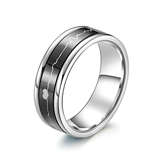 Bishilin Edelstahl Ring Männer, Schwarz Silber Ring Personalisiert Herzschlag Ring Spinner 7MM Freundschaftsring Paterring für Herren Große 52 (16.6) von Bishilin