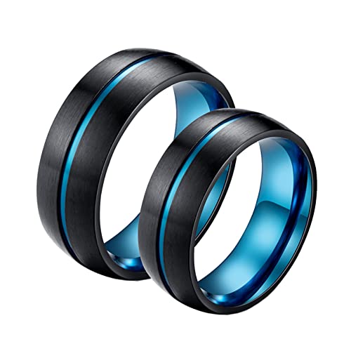 Bishilin Edelstahl Ringe Damen Herren mit Gravur, Schwarz Blau Ringe Breit 8MM Damen Gr.60 (19.1) + Herren Gr.67 (21.3) Verlobungsringe Paar Ringe Set von Bishilin