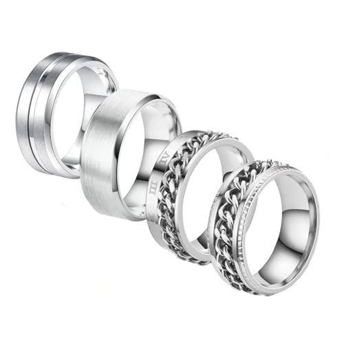 Bishilin Edelstahl Ringe Herren, Personalisierte Ringe Set 8MM Matt und Drehbar Kette Ringe Männer Nickelfrei Gr.52 (16.6), Partnerringe Freundschaftsringe für 4 von Bishilin