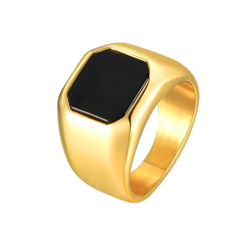 Bishilin Edelstahl Ringe Männer, Herren Ring Personalisiert Breit mit Schwarzem Achat Sieglring Partnerringe Gothic Ringe Gold Größe 60 (19.1) von Bishilin
