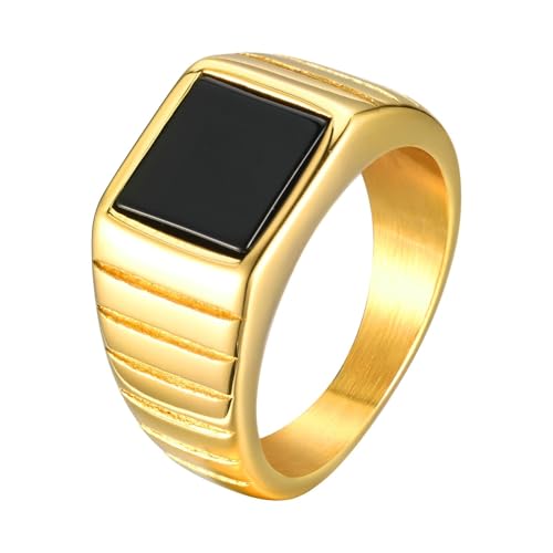 Bishilin Edelstahl Ringe Männer, Herren Ring Personalisiert mit Schwarzem Achat Sieglring Partnerringe Gothic Ringe Gold Gr.54 (17.2) von Bishilin