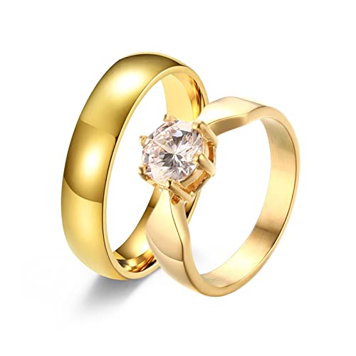Bishilin Edelstahl Ringe Verlobung mit Gravur, Gold Ring Poliert mit Zirkonia Damen Gr.52 (16.6) + Herren Gr.65 (20.7), Paar Ringe für Sie und Ihn von Bishilin