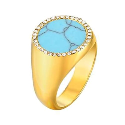 Bishilin Edelstahl Vergoldet Ringe für Frauen Gold, Hochzeit Ring Damen 15MM Rund mit Türkis Siegelring Verlobungsringe Eheringe Nickelfrei Gr.52 (16.6) von Bishilin