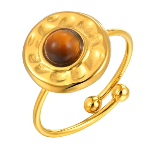 Bishilin Edelstahl Vergoldet Ringe für Frauen Gold, Hochzeit Ring Damen Blume Solitär mit Tigerauge Offen Verlobungsringe Eheringe Nickelfrei Einstellbar von Bishilin