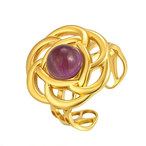 Bishilin Edelstahl Vergoldet Ringe für Frauen Gold, Hochzeit Ring Damen Blume mit Kristall Offen Verlobungsringe Eheringe Nickelfrei Einstellbar von Bishilin