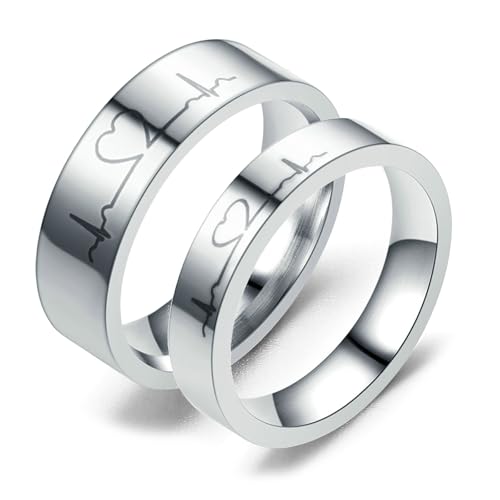 Bishilin Eheringe Edelstahl 4MM 6MM, Paar Ringe Set Elektrokardiogramm Trauringe Verlobung Ringe Hochzeit Damen Gr.60 (19.1) & Herren Gr.65 (20.7) von Bishilin