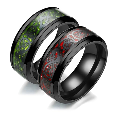 Bishilin Eheringe Edelstahl Set, Pärchen Ringe 8MM Keltische Drachen mit Kohlefaser Verlobungsringe Paarringe für Sie und Ihn Rot Gr.57 (18.1) & Grün Gr.70 (22.3) von Bishilin