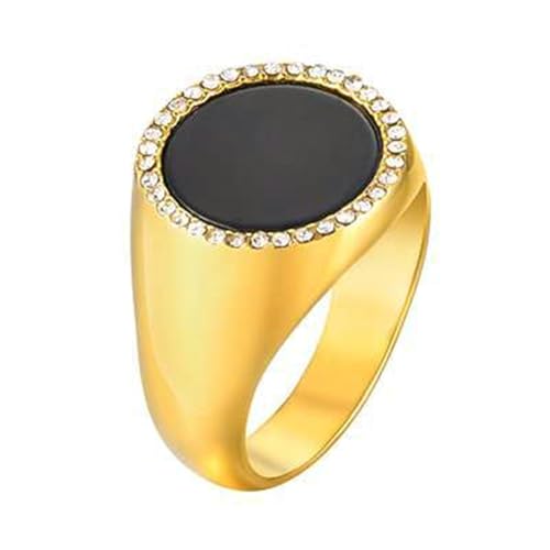Bishilin Frauen Ring Edelstahl Vergoldet, Damen Ringe 15MM Rund mit Schwarzem Achat Siegelring Eheringe Hochzeit Ring Personalisiert Gold Größe 52 (16.6) von Bishilin