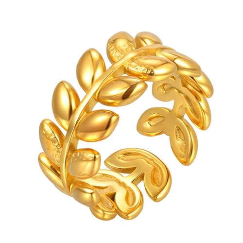 Bishilin Frauen Ring Edelstahl Vergoldet, Damen Ringe Blätter Offen Eheringe Hochzeit Ring Personalisiert Gold Verstellbar von Bishilin
