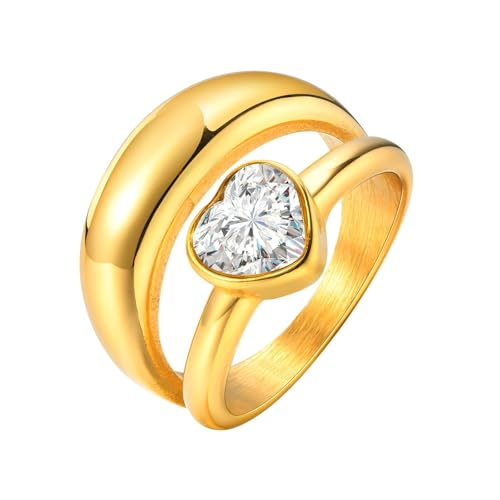 Bishilin Frauen Ring Edelstahl Vergoldet, Damen Ringe Doppellagig mit Herz Zirkonia Eheringe Hochzeit Ring Personalisiert Gold Gr.52 (16.6) von Bishilin
