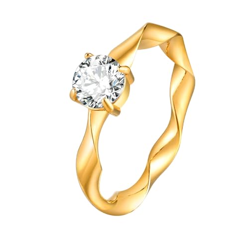 Bishilin Frauen Ring Edelstahl Vergoldet, Damen Ringe Solitär Verdreht mit Zirkonia Eheringe Hochzeit Ring Personalisiert Gold Größe 54 (17.2) von Bishilin