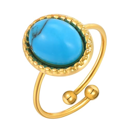 Bishilin Frauen Ring Edelstahl Vergoldet, Damen Ringe Solitär mit Oval Türkis Offen Eheringe Hochzeit Ring Personalisiert Gold Verstellbar von Bishilin