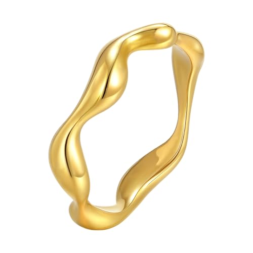 Bishilin Frauen Ring Edelstahl Vergoldet, Damen Ringe Welle 5MM Eheringe Hochzeit Ring Personalisiert Gold Größe 57 (18.1) von Bishilin
