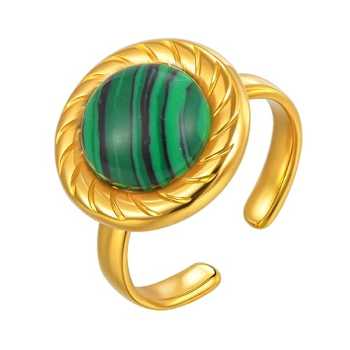Bishilin Frauen Ring Edelstahl Vergoldet, Damen Ringe mit Malachit Offen Eheringe Hochzeit Ring Personalisiert Gold Einstellbar von Bishilin