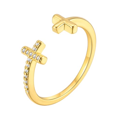 Bishilin Frauen Ring Kupfer, Damen Ringe Kreuz mit Zirkonia Offen Eheringe Hochzeit Ring Personalisiert Gold Verstellbar von Bishilin