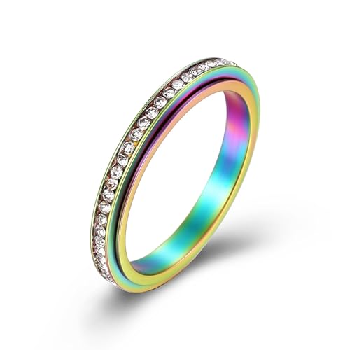 Bishilin Frauen Ringe Edelstahl Multicolor, Damen Ring Personalisiert 3MM Spinner mit Zirkonia Bandring Ring Größe 62 (19.7), Freundschaftsring Hochzeit Ringe Nickelfrei von Bishilin