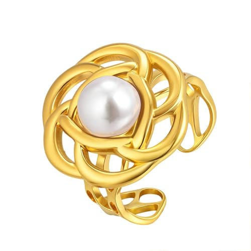 Bishilin Frauen Ringe Edelstahl Vergoldet Gold, Verlobungsring Blume mit Perle Offen Hochzeit Ring Damen Personalisiert Einstellbar von Bishilin