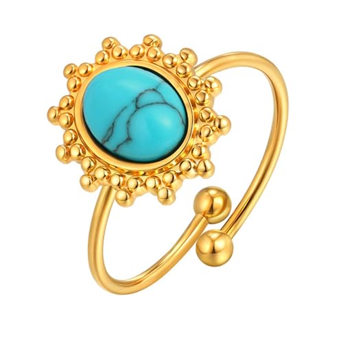 Bishilin Frauen Ringe Edelstahl Vergoldet Gold, Verlobungsring Blume mit Türkis Offen Hochzeit Ring Damen Personalisiert Verstellbar von Bishilin