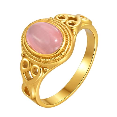 Bishilin Frauen Ringe Edelstahl Vergoldet Gold, Verlobungsring Filigran mit Rosa Katzenaugenstein Hochzeit Ring Damen Personalisiert Größe 57 (18.1) von Bishilin